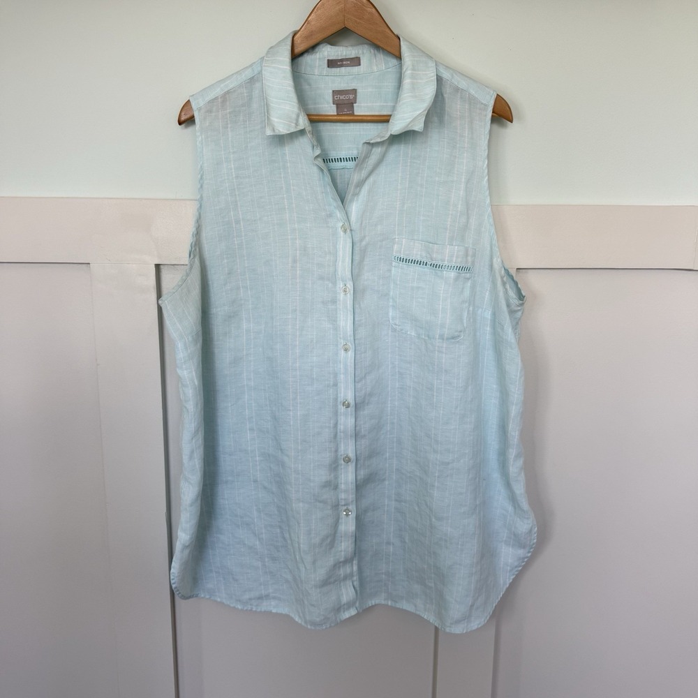 Chicos No Iron‎ Sleeveless Linen Button Down Top Size 4 (20-22) Blue Striped
